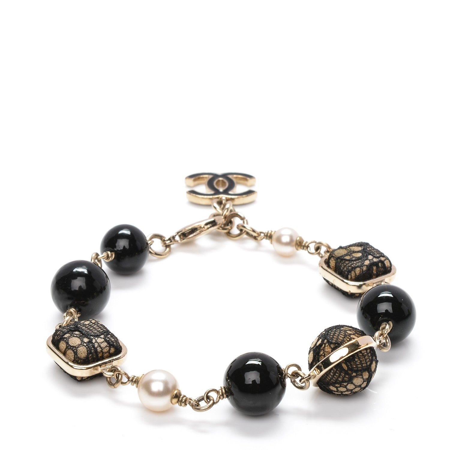 Chanel Lace Pearl Beaded CC Bracelet Black Gold 4 of 5