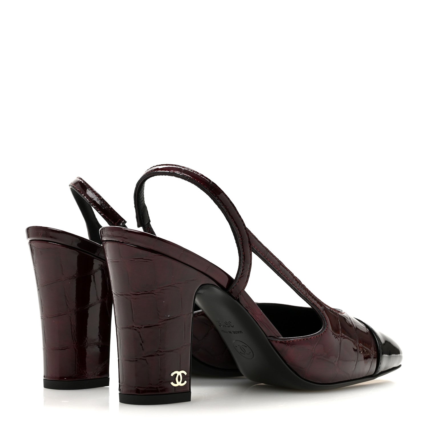 Chanel Patent Calfskin Crocodile Embossed Cap Toe CC Slingback Pumps 36.5 Dark Burgundy Black 5 of 10