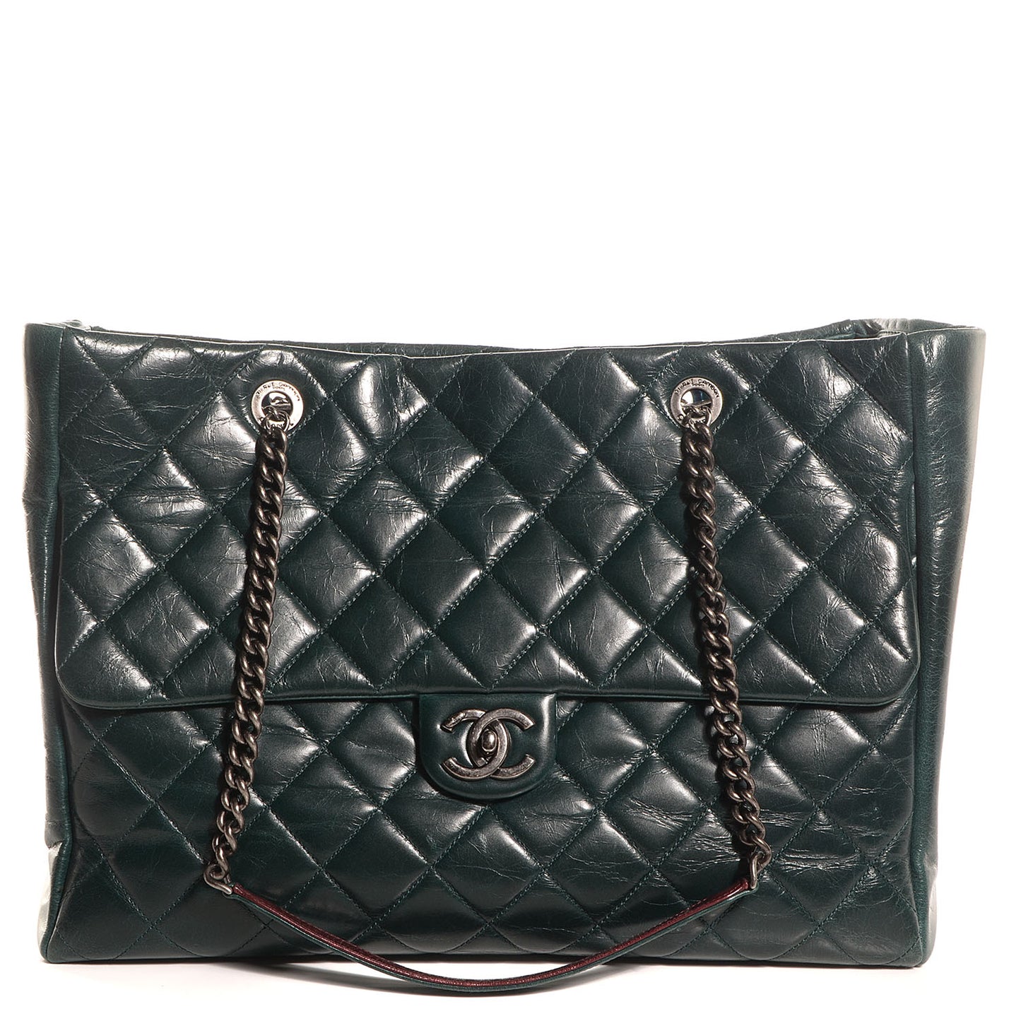 Glazed Calfskin Quilted Duo Color Large Tote Dark Green