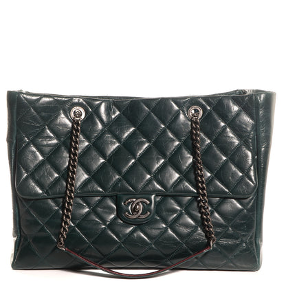 Chanel Glazed Calfskin Quilted Duo Color Large Tote Dark Green 1 of 7