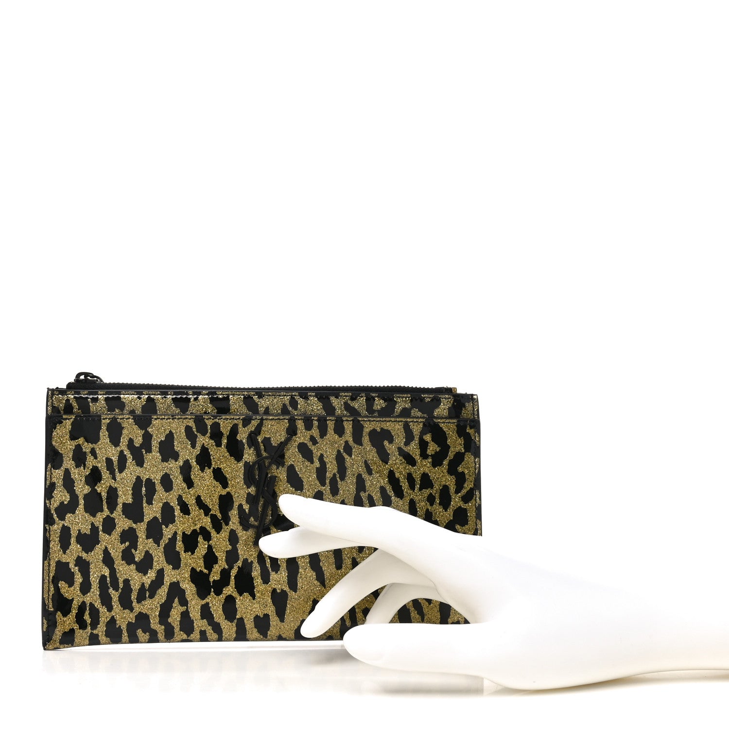 Saint Laurent Patent Glitter Leopard Monogram Zip Pouch Gold Black 2 of 6