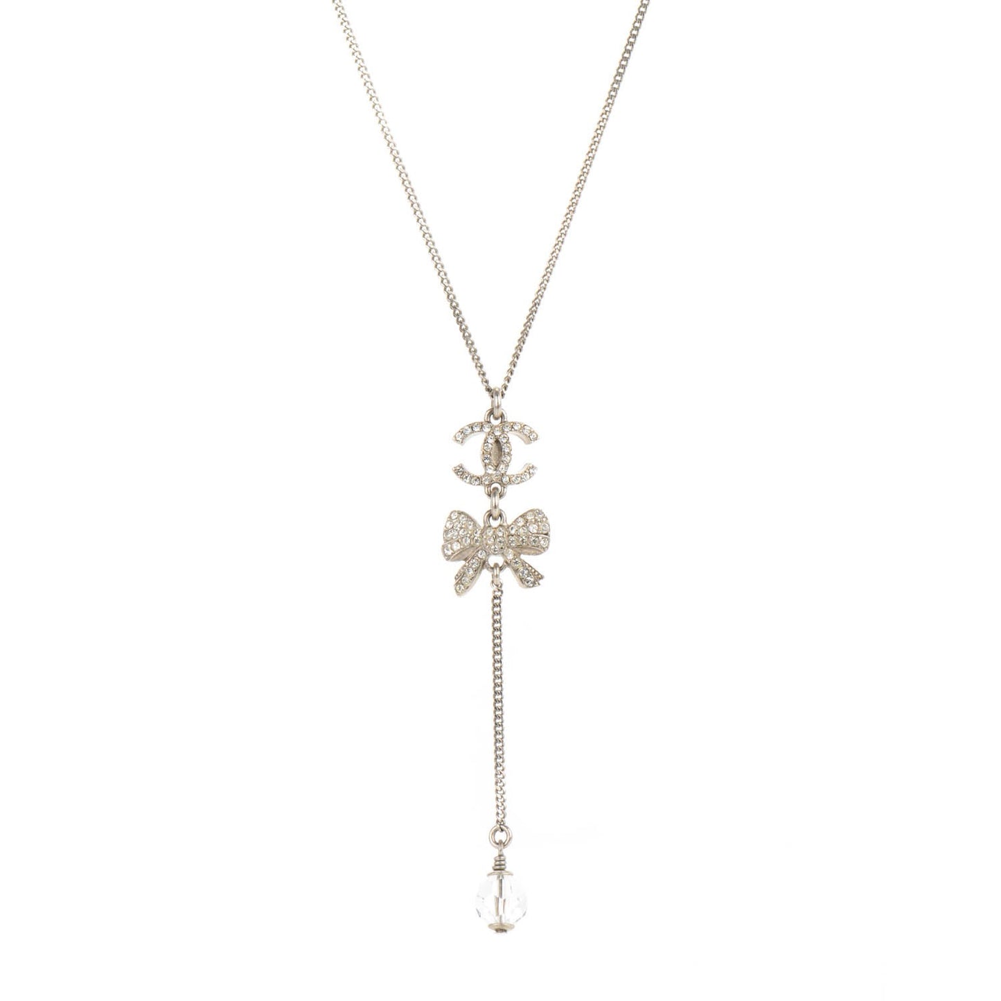 Crystal CC Bow Drop Necklace Silver