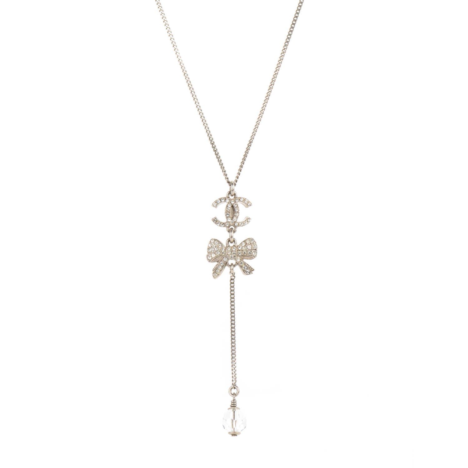 Chanel Crystal CC Bow Drop Necklace Silver 1 of 4