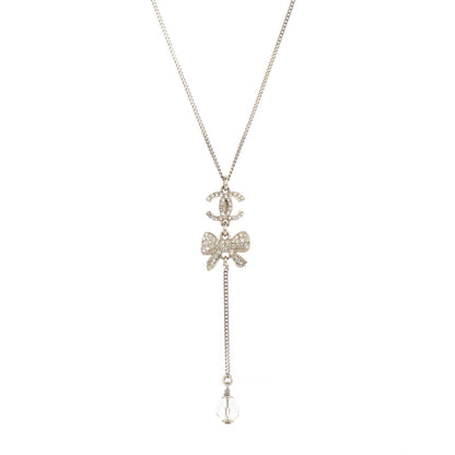 Chanel Crystal CC Bow Drop Necklace Silver 1 of 4