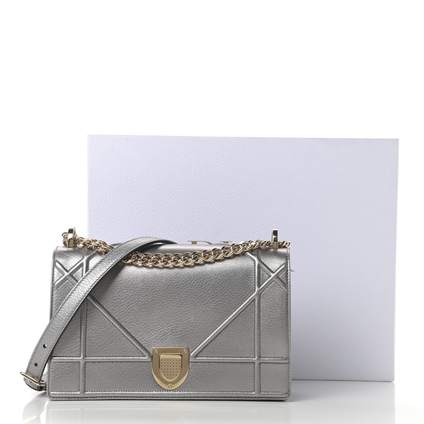 Metallic Grained Calfskin Medium Diorama Flap Bag Silver