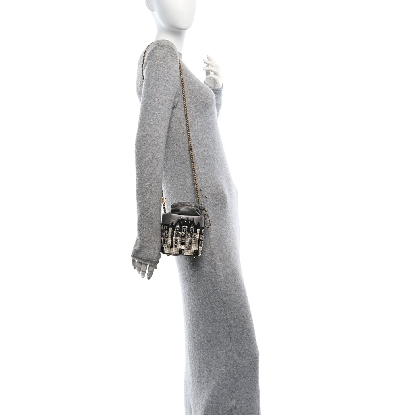 Metallic Lambskin Crystal Metiers D'Art Chateau de Chenonceau Bucket Bag Grey