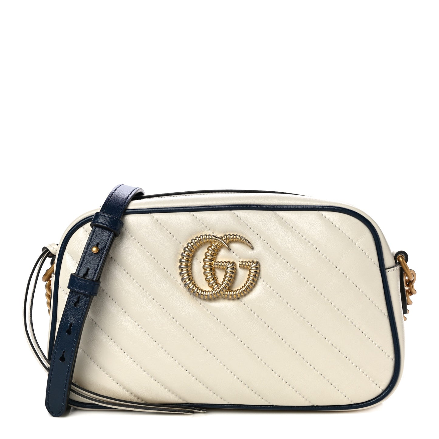 Vintage Effect Calfskin Matelasse Diagonal Small Torchon GG Marmont Chain Shoulder Bag Mystic White Blue Agata