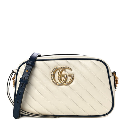 Gucci Vintage Effect Calfskin Matelasse Diagonal Small Torchon GG Marmont Chain Shoulder Bag Mystic White Blue Agata 1 of 13