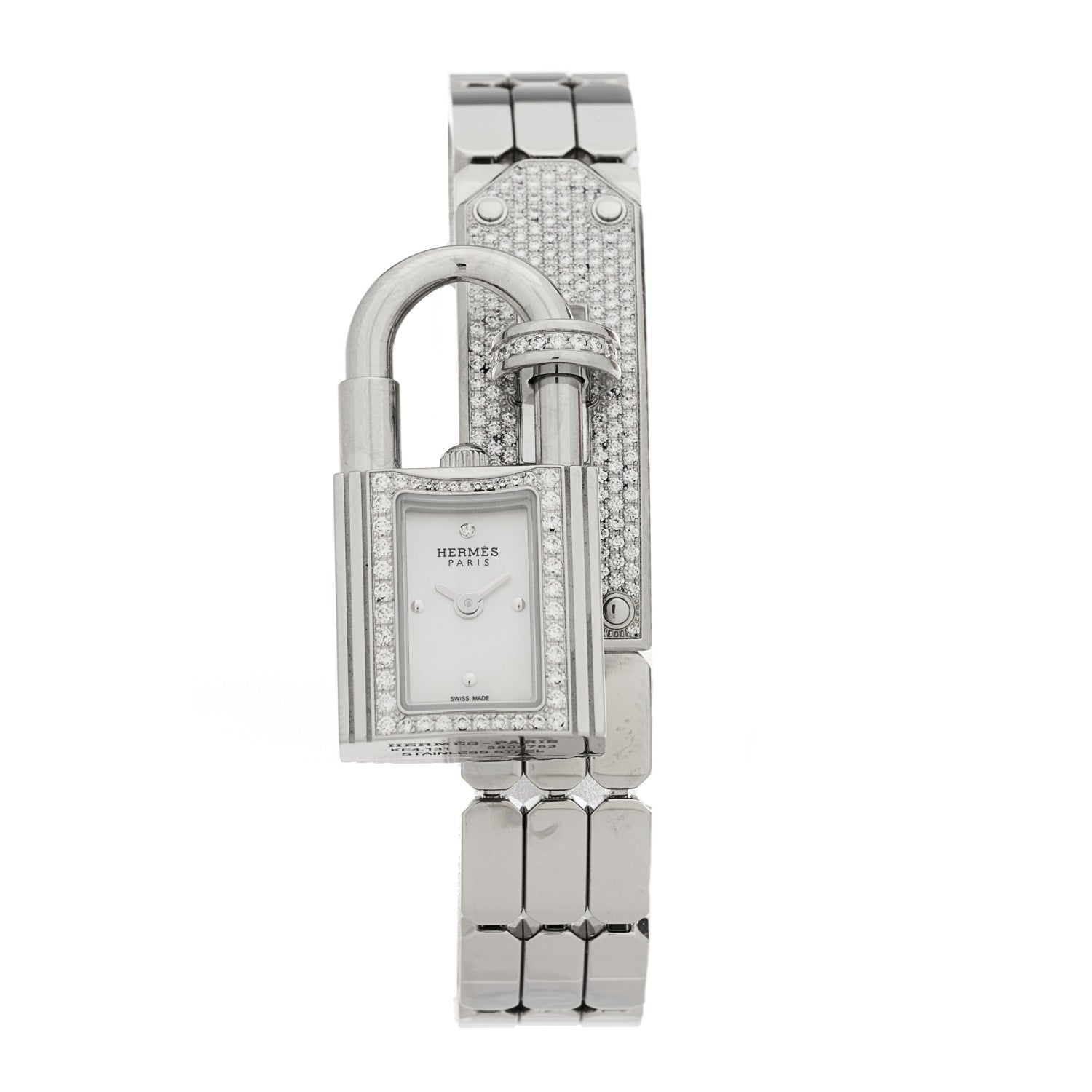 Hermes Stainless Steel Diamond Pave 16mm Kelly Quartz Watch 1 of 6