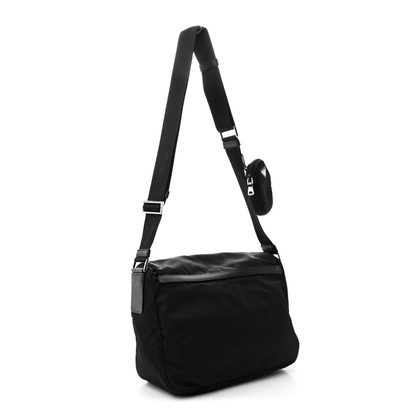 Re-Nylon Vela Saffiano Pocket Double Buckle Messenger Shoulder Bag Black