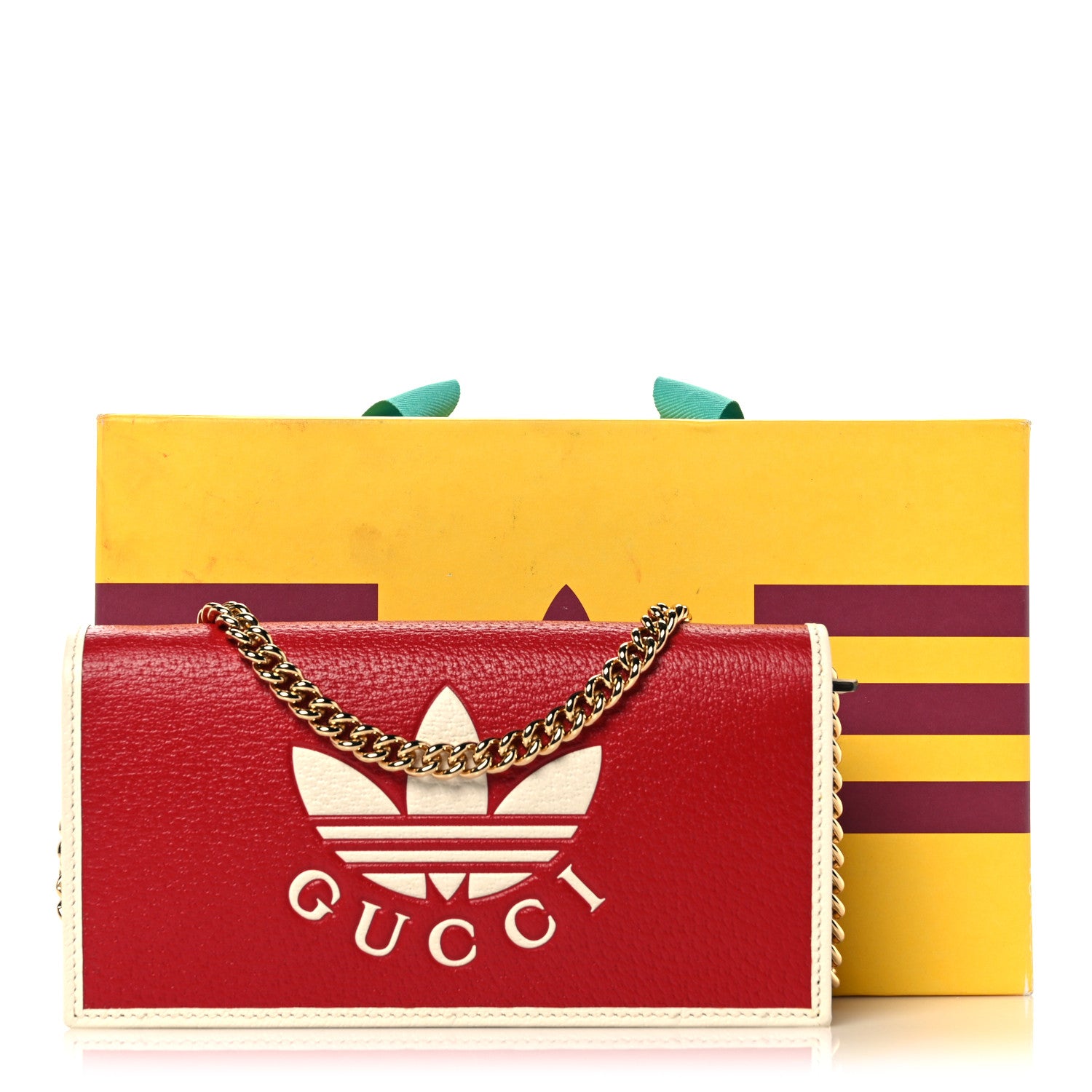Gucci X ADIDAS Textured Dollar Calfskin Trefoil Embossed Wallet On Chain Hibiscus Red Off White 9 of 9