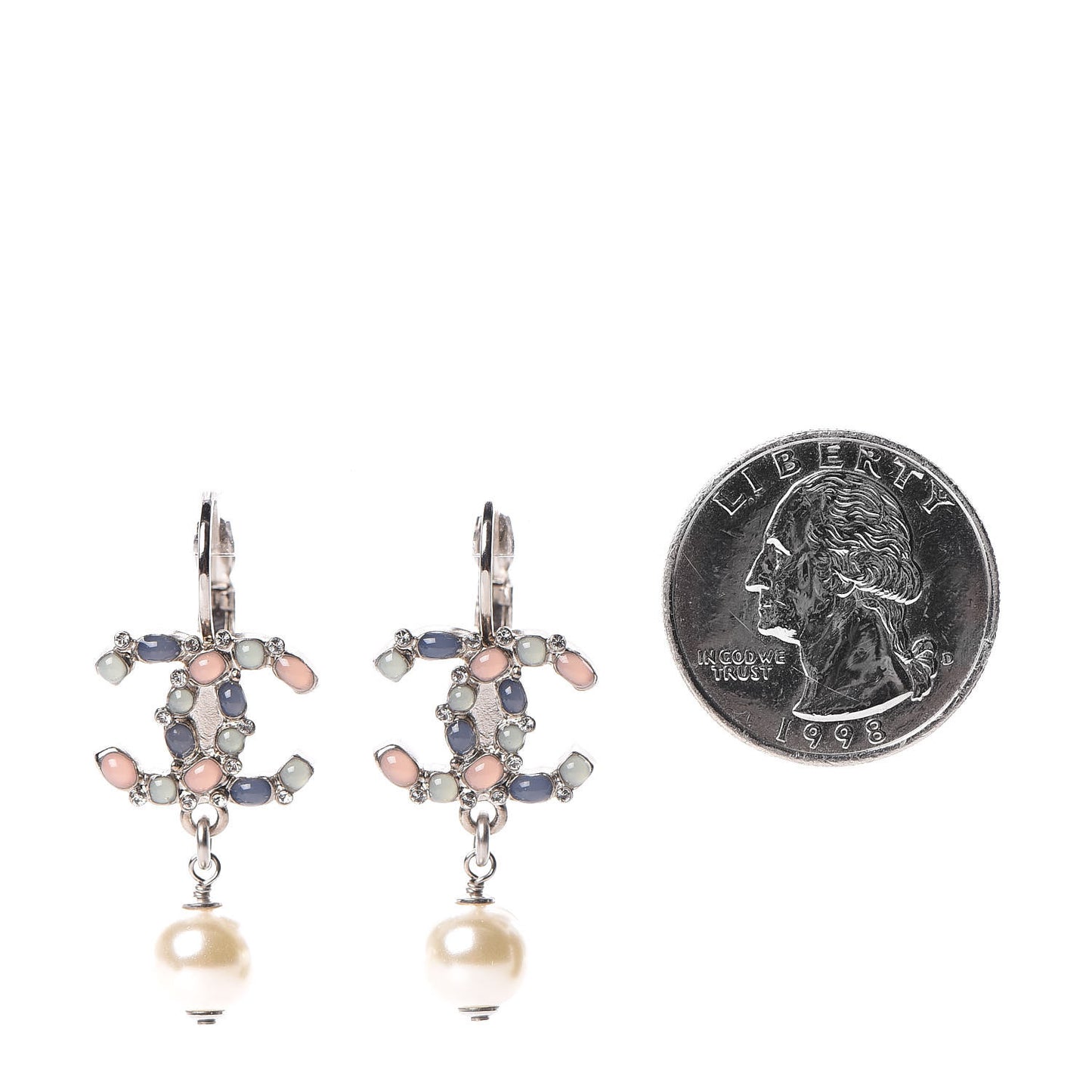 Crystal Beaded Pearl CC Drop Earrings Silver Multicolor