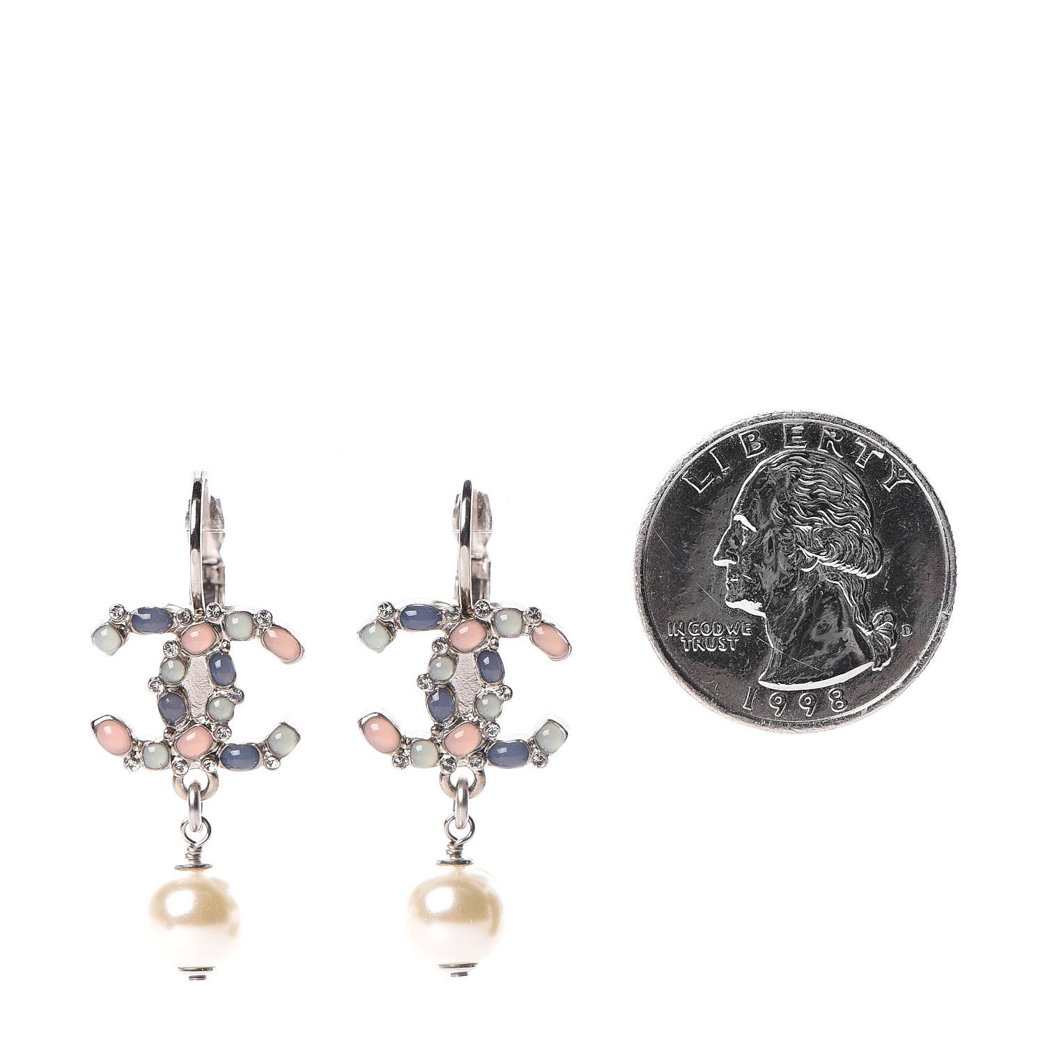 Chanel Crystal Beaded Pearl CC Drop Earrings Silver Multicolor 2 of 5