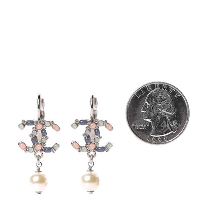 Chanel Crystal Beaded Pearl CC Drop Earrings Silver Multicolor 2 of 5