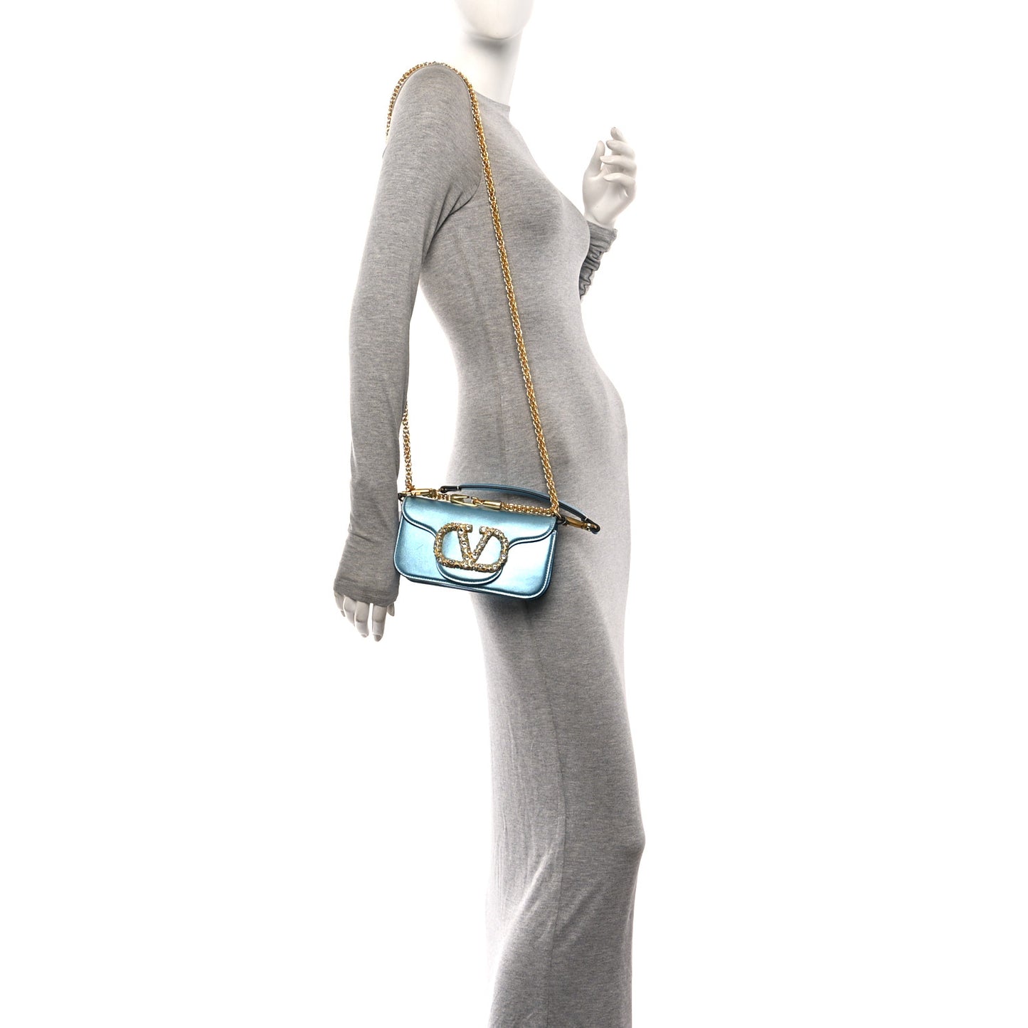 Laminated Calfskin Crystal Vlogo Small Shoulder Bag Blue