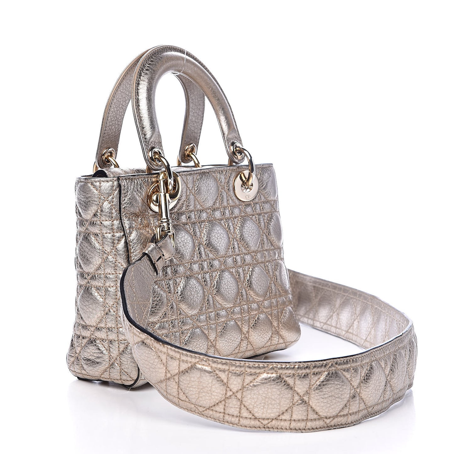 Metallic Grained Calfskin Cannage Small Supple Lady Dior Pale Gold