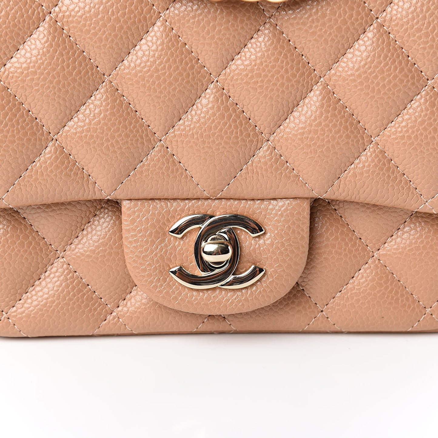 Iridescent Caviar Quilted Mini Square Flap Beige