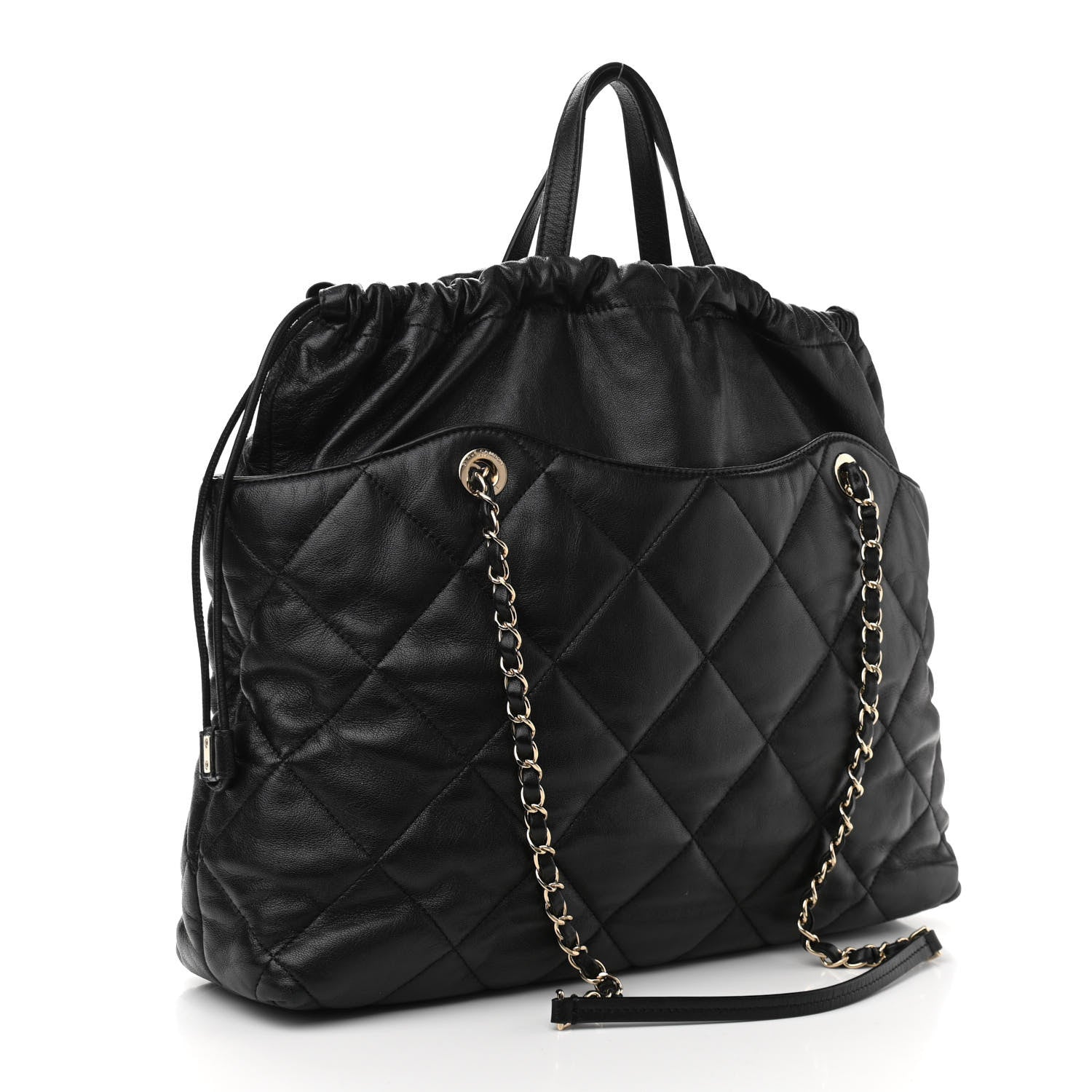 Chanel Lambskin Quilted Drawstring Shopping Bag Black 3 of 11