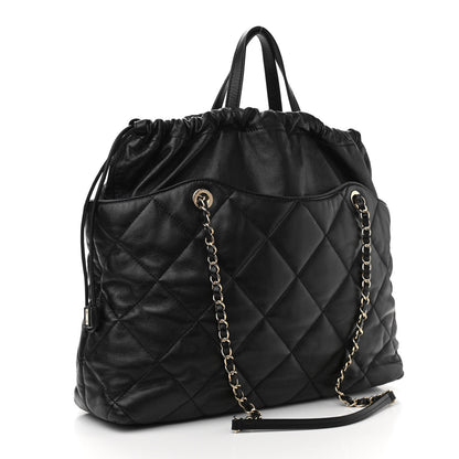 Chanel Lambskin Quilted Drawstring Shopping Bag Black 3 of 11