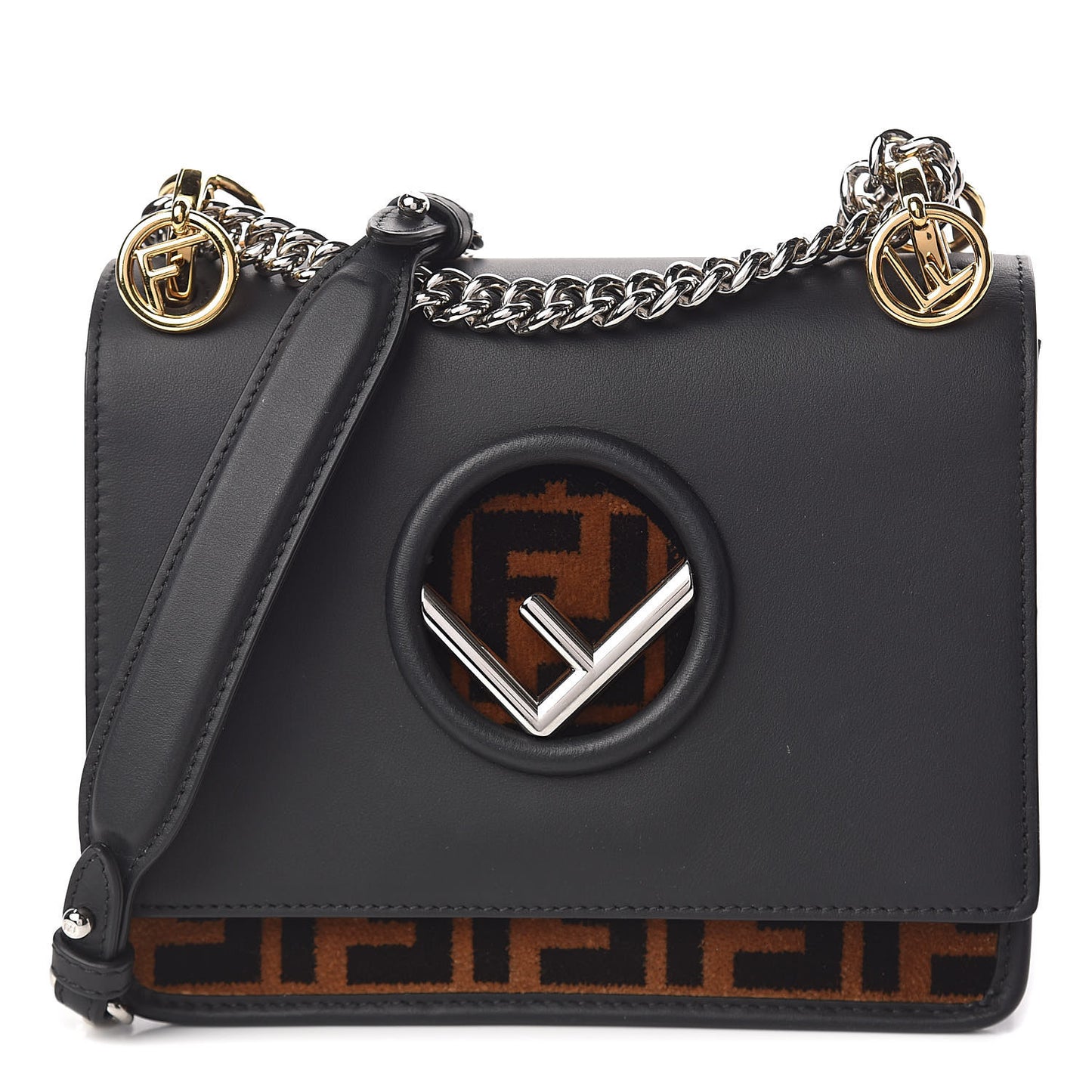 Vitello Century Velvet F is Fendi FF Small Kan I Shoulder Bag Black Tobacco