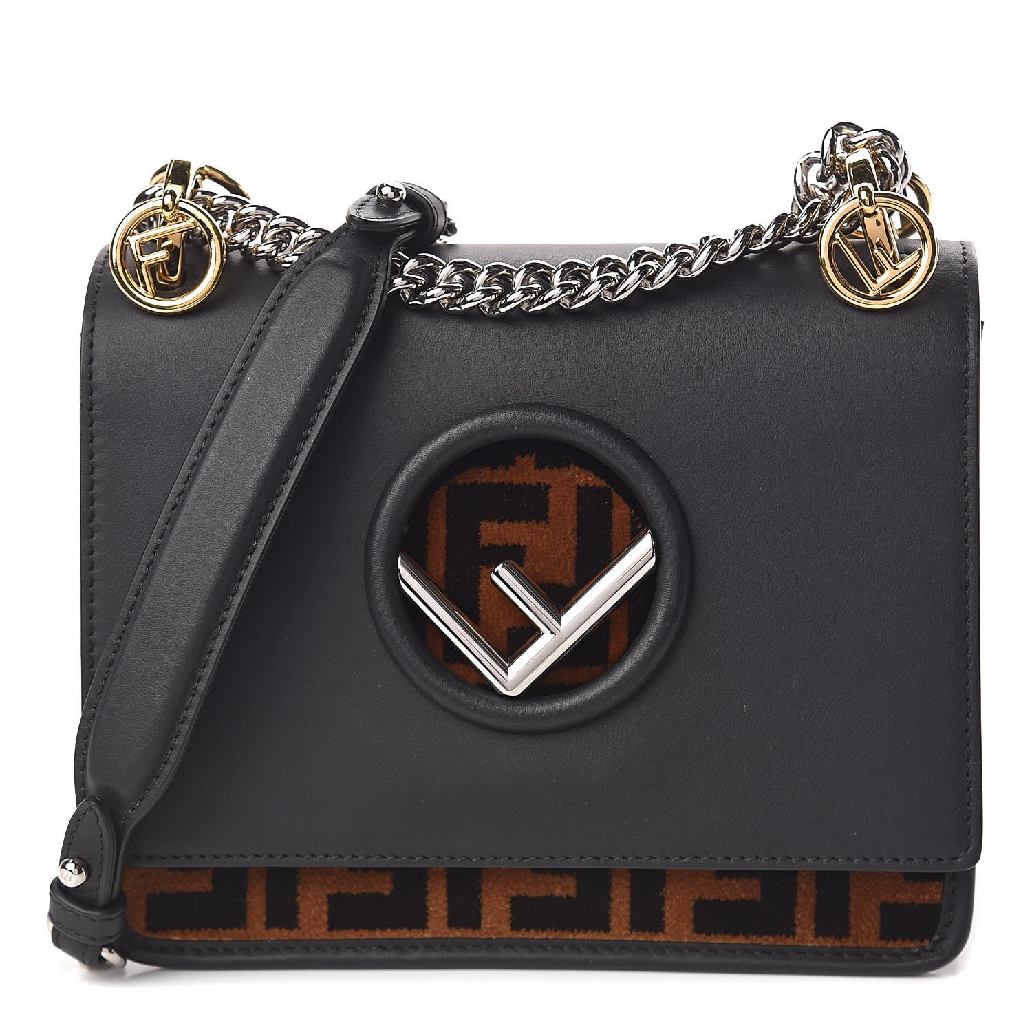Fendi Vitello Century Velvet F is Fendi FF Small Kan I Shoulder Bag Black Tobacco 1 of 11