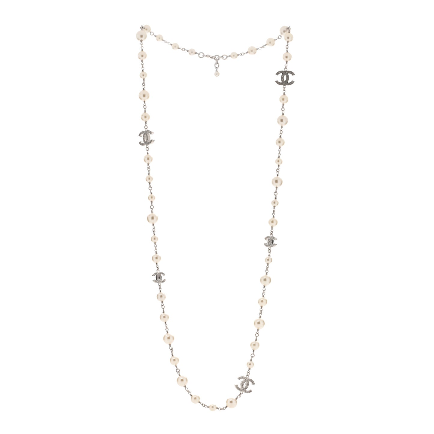 Graduated Pearl Crystal CC Long Necklace Silver