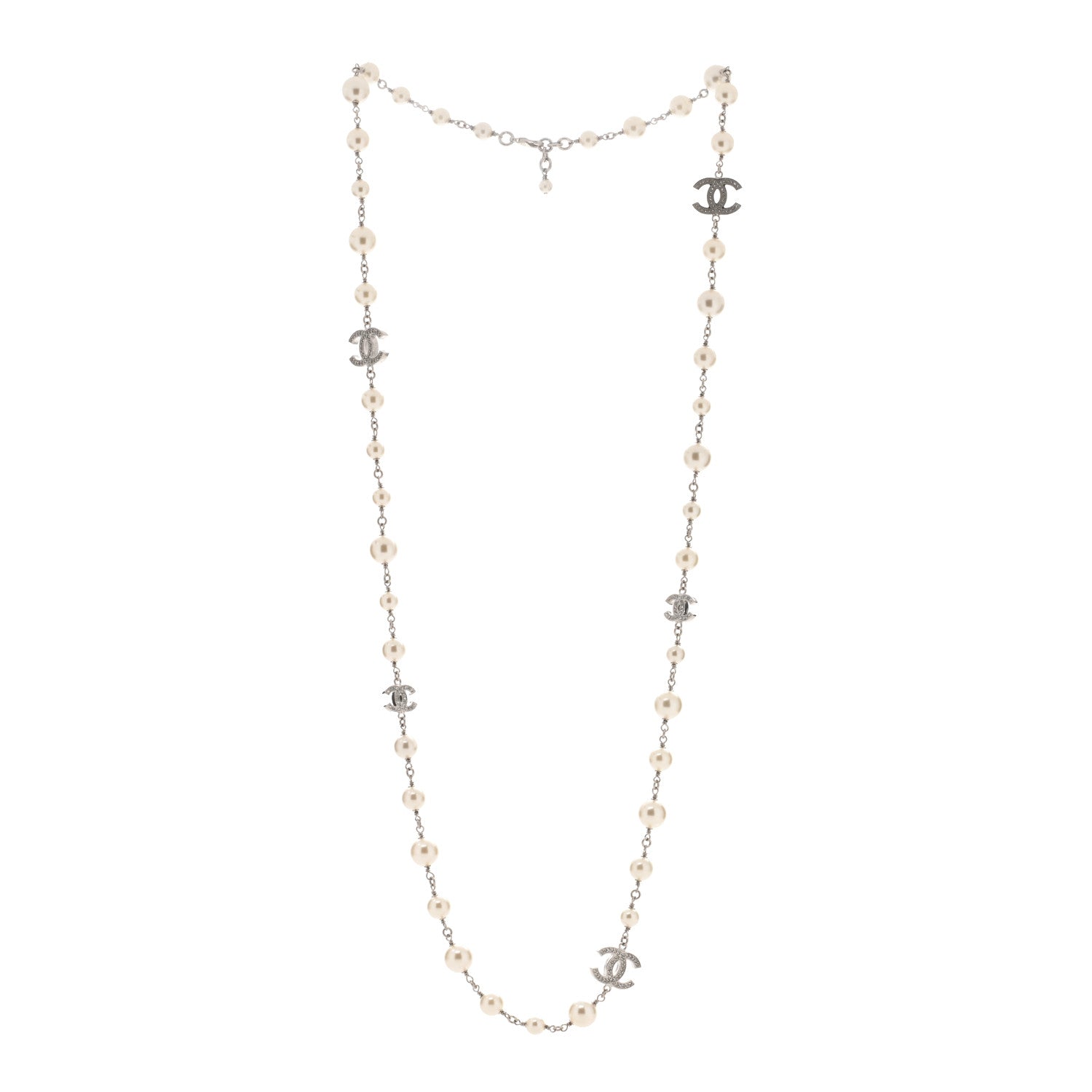 Chanel Graduated Pearl Crystal CC Long Necklace Silver 2 of 3