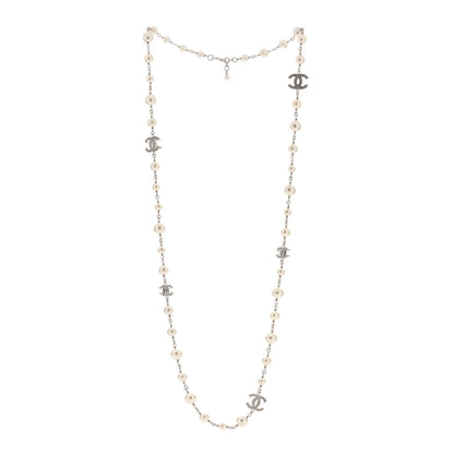 Chanel Graduated Pearl Crystal CC Long Necklace Silver 2 of 3