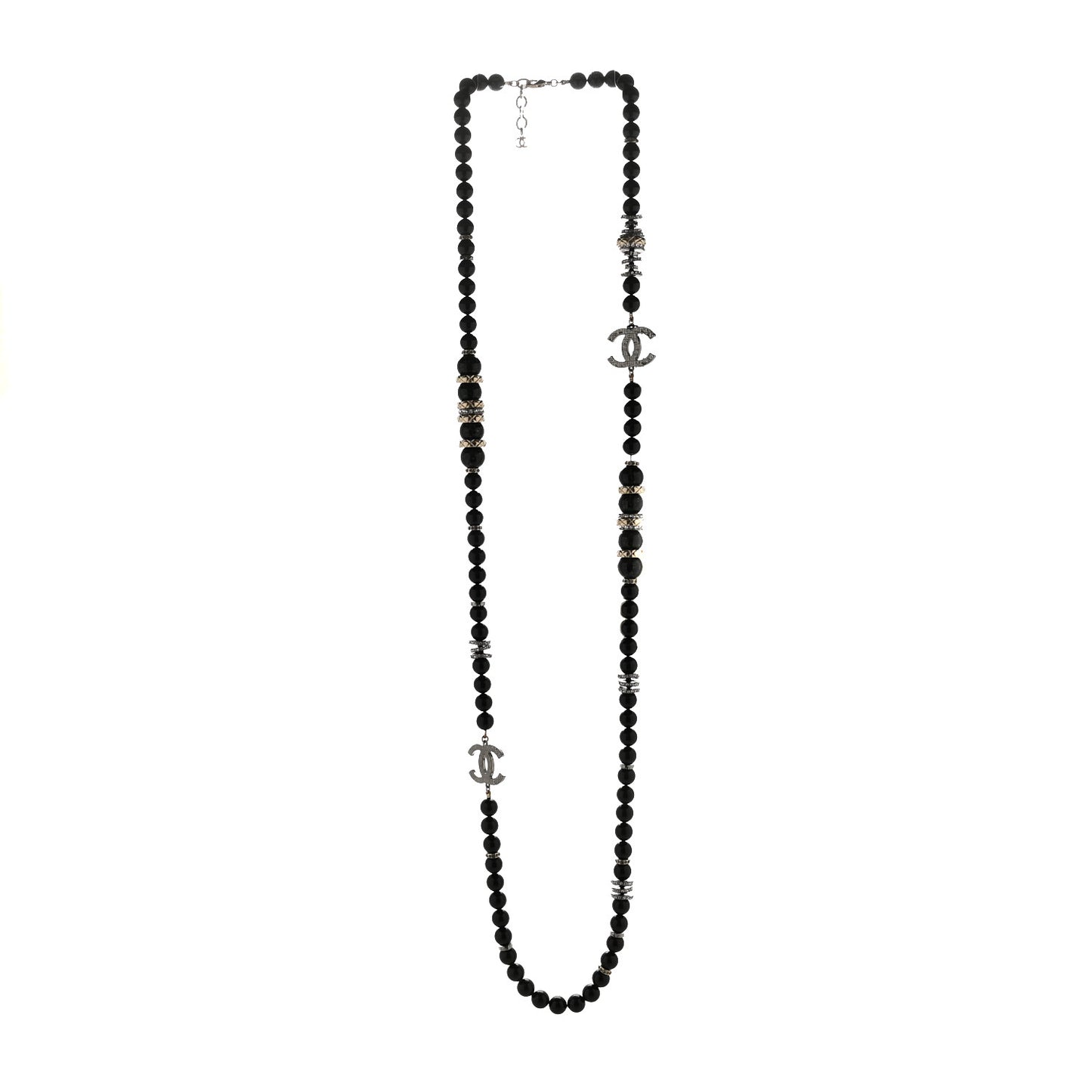 Crystal Beaded CC Long Necklace Black Silver