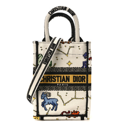 Christian Dior Canvas Embroidered Pixel Zodiac Mini Book Tote Phone Bag Latte Multicolor 1 of 9