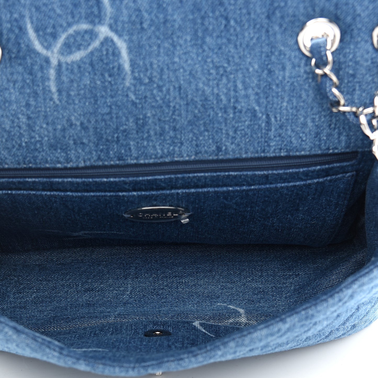Denim Quilted CC Print Jumbo Single Flap Blue