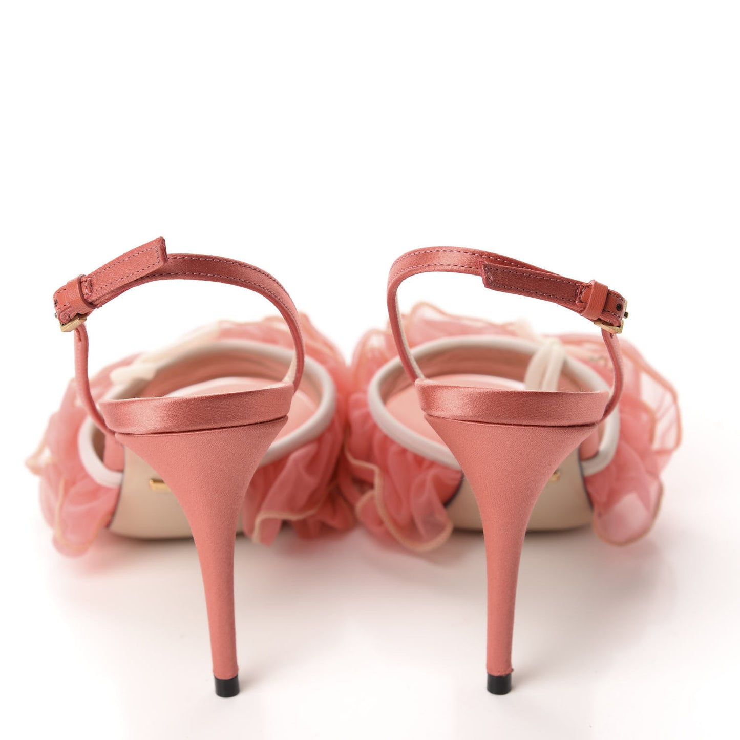 Tulle Ruffle Mid Heel Slingback Sandals 36 Peach White