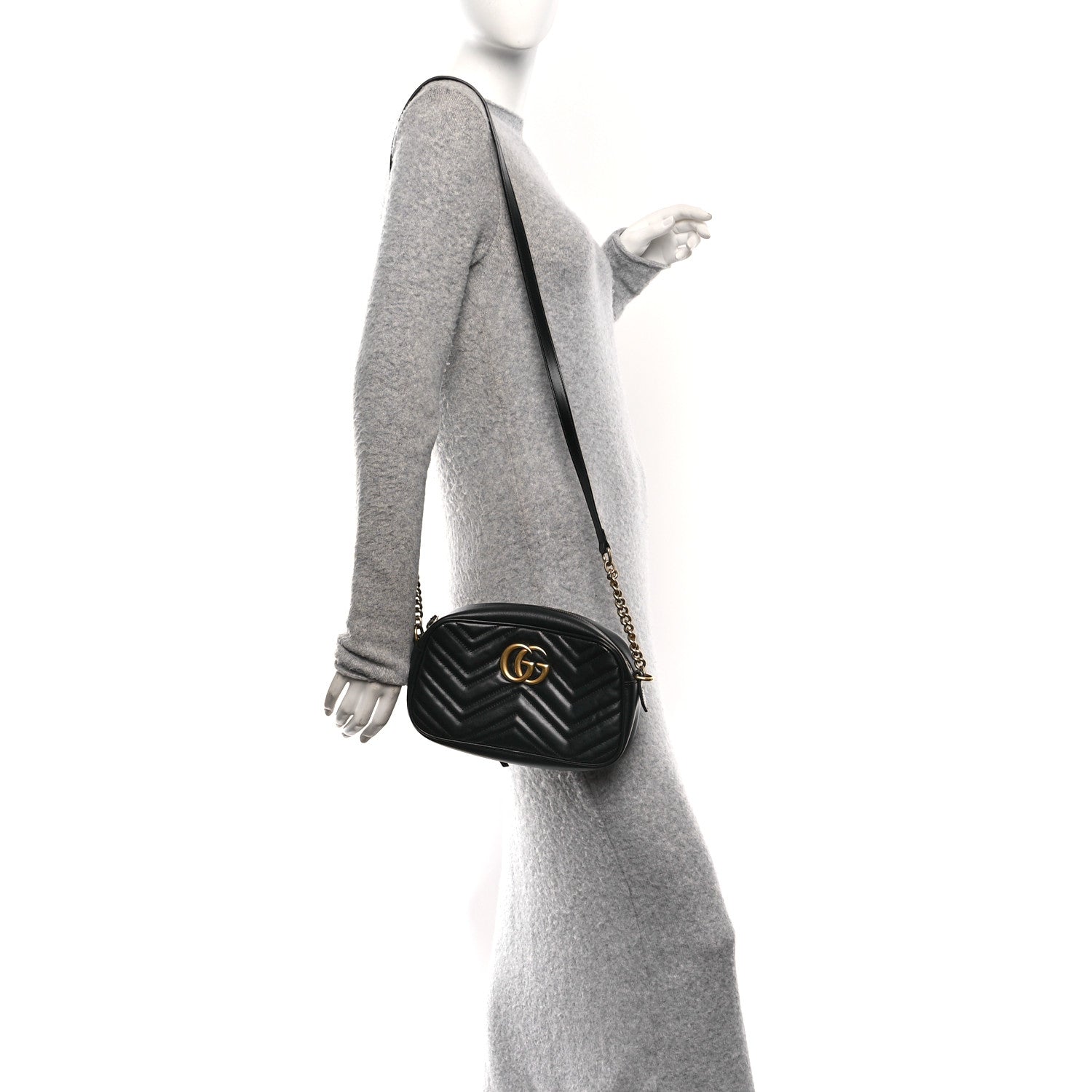 Gucci Calfskin Matelasse Small GG Marmont Chain Shoulder Bag Black 2 of 11