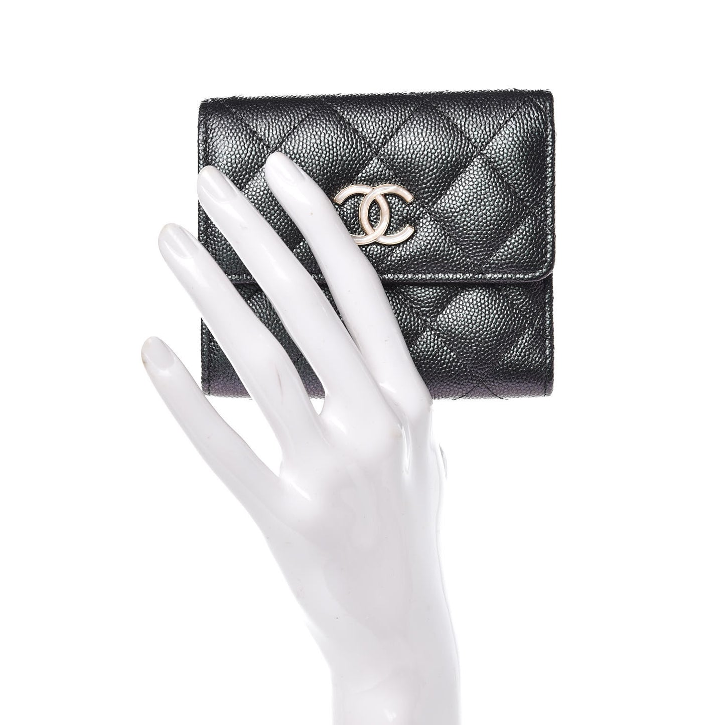Iridescent Caviar Quilted Small Flap Wallet Black