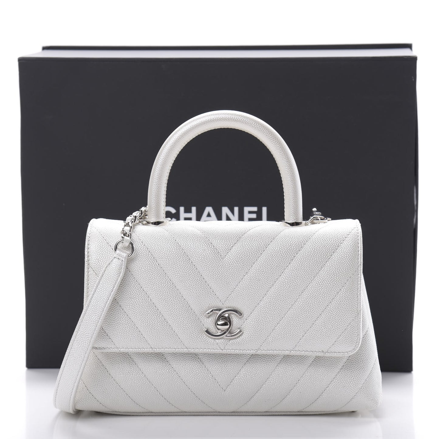 Iridescent Caviar Chevron Quilted Mini Coco Handle Flap White