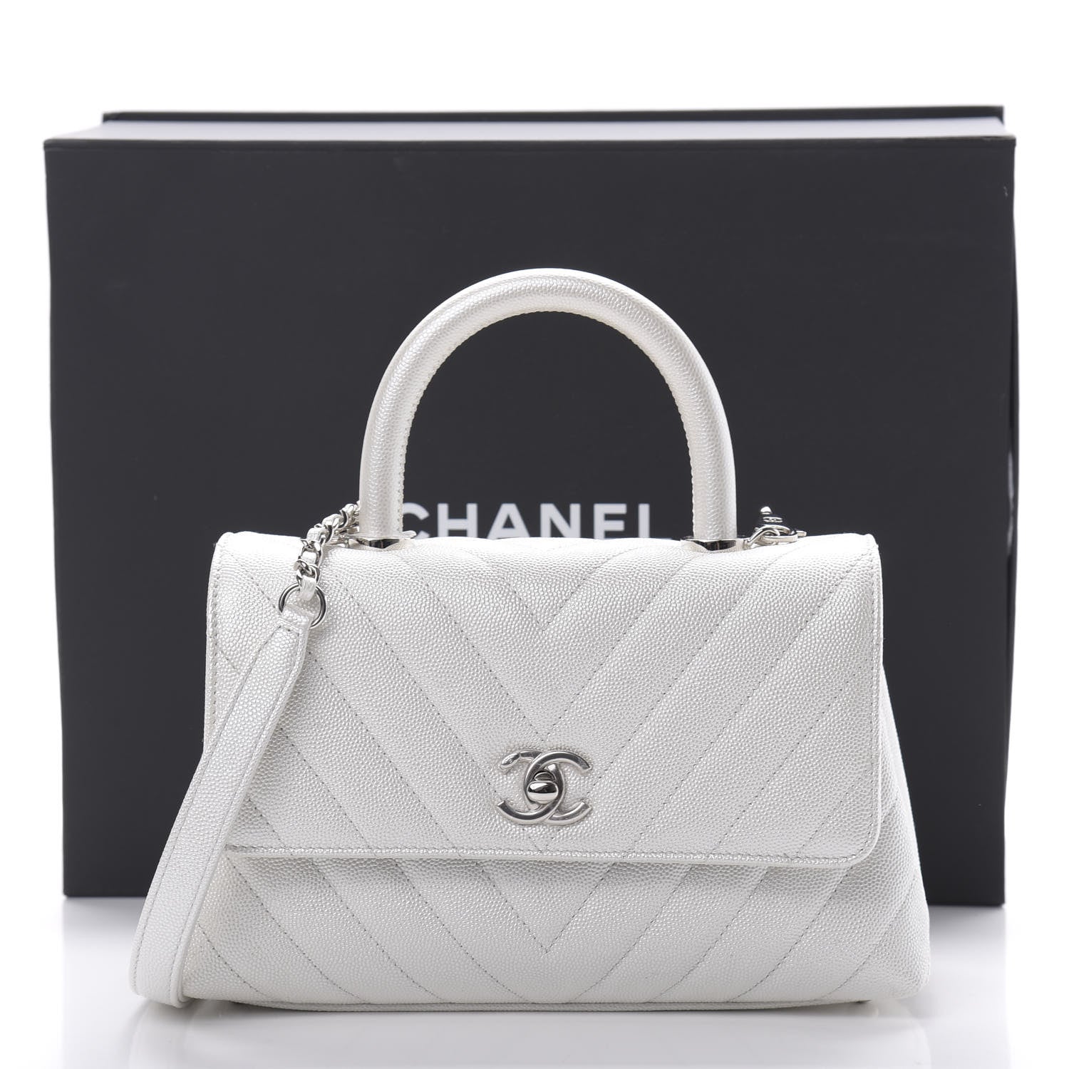 Chanel Iridescent Caviar Chevron Quilted Mini Coco Handle Flap White 13 of 13
