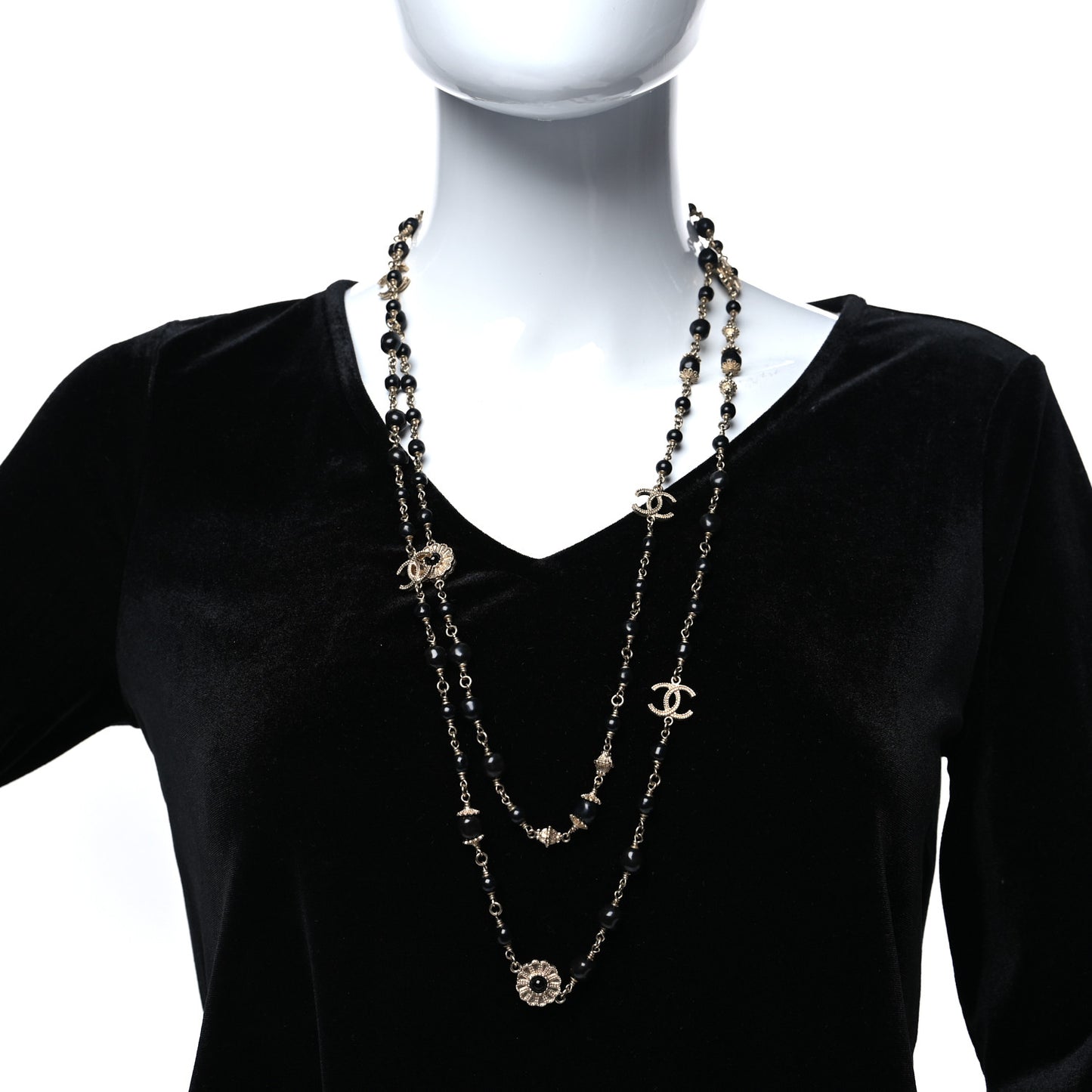 Pearl Beaded Crystal CC Long Necklace Gold Black