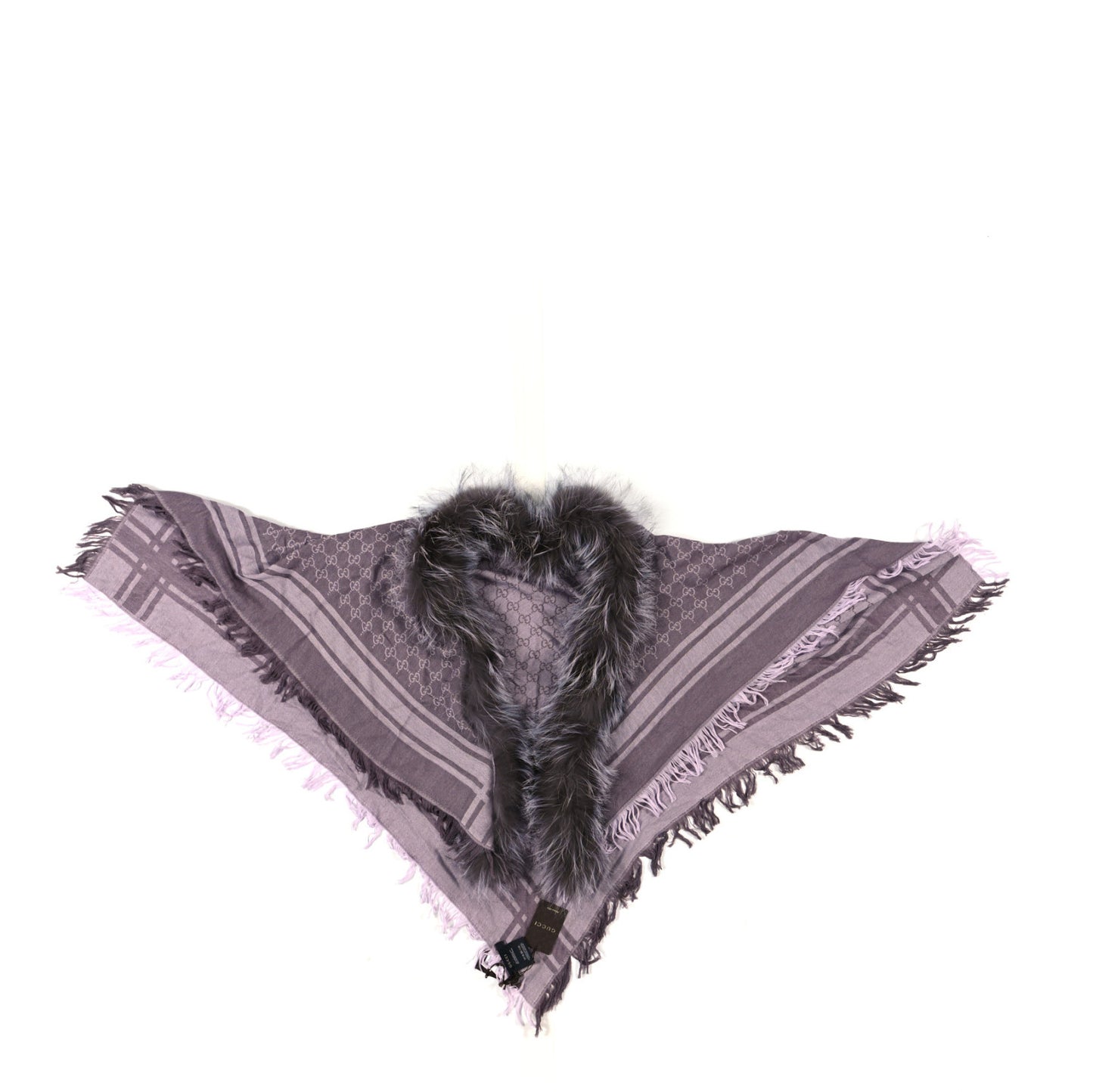 Wool Silk Fox Fur Monogram Shawl Scarf Violet Purple