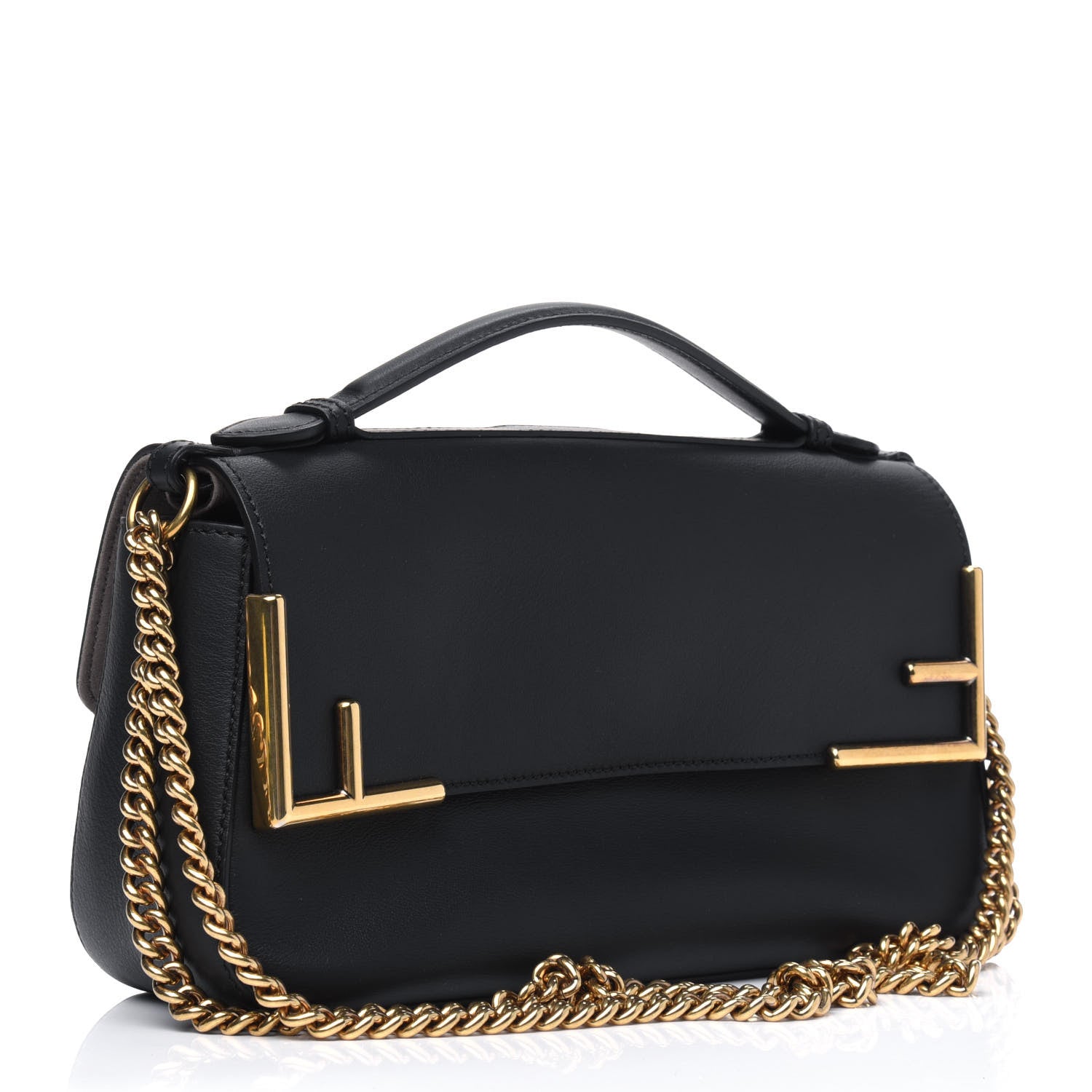 Fendi Vitello Grace Glazed Fabric FF 1974 Double F Shoulder Bag Black Mogano Panna 2 of 5