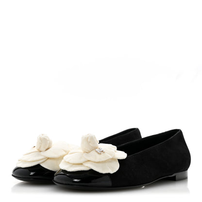 Chanel Suede Patent Cap Toe Camellia Ballerina Flats 37.5 Black White 4 of 10