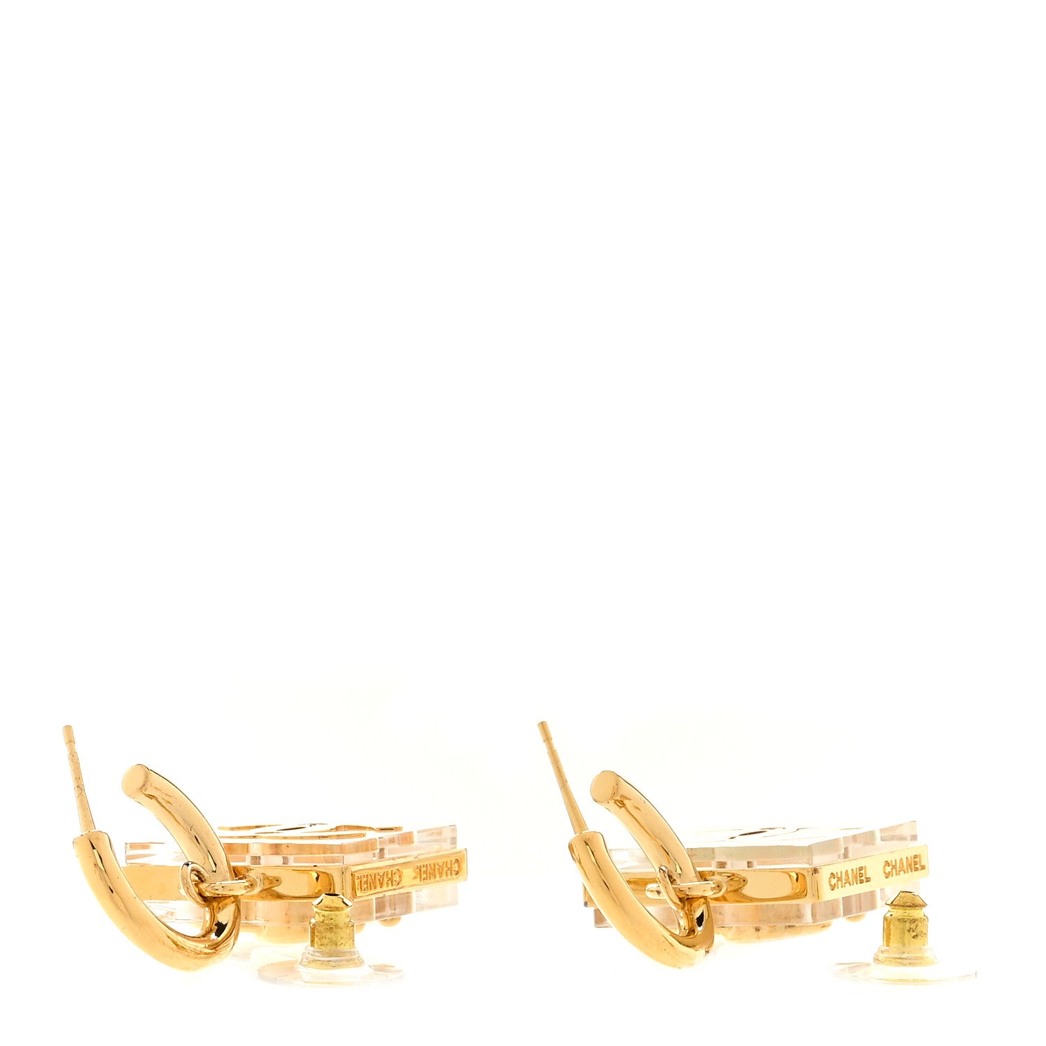 Chanel Metal Resin CC Square Drop Earrings Gold Transparent 4 of 4