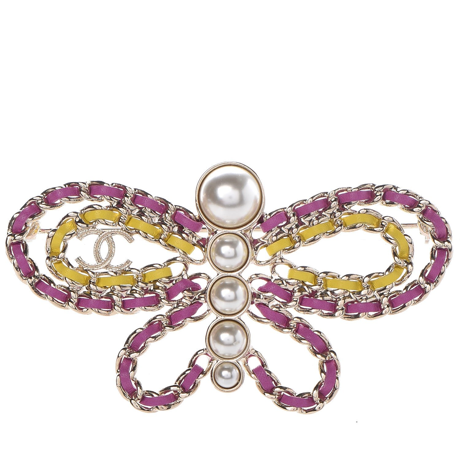 Chanel Lambskin Chain Pearl CC Butterfly Brooch Pink Yellow Gold 1 of 5