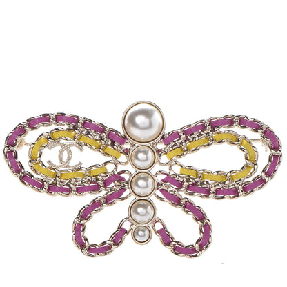 Chanel Lambskin Chain Pearl CC Butterfly Brooch Pink Yellow Gold 1 of 5