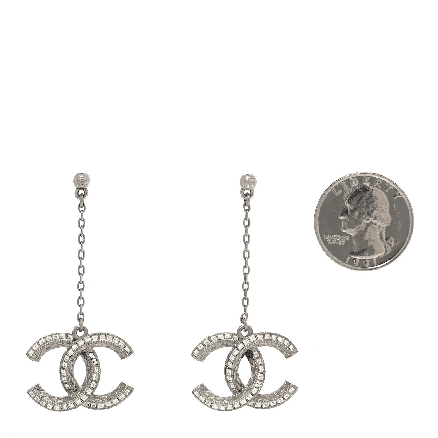 Chanel Crystal Baguette CC Drop Earrings Silver 2 of 5
