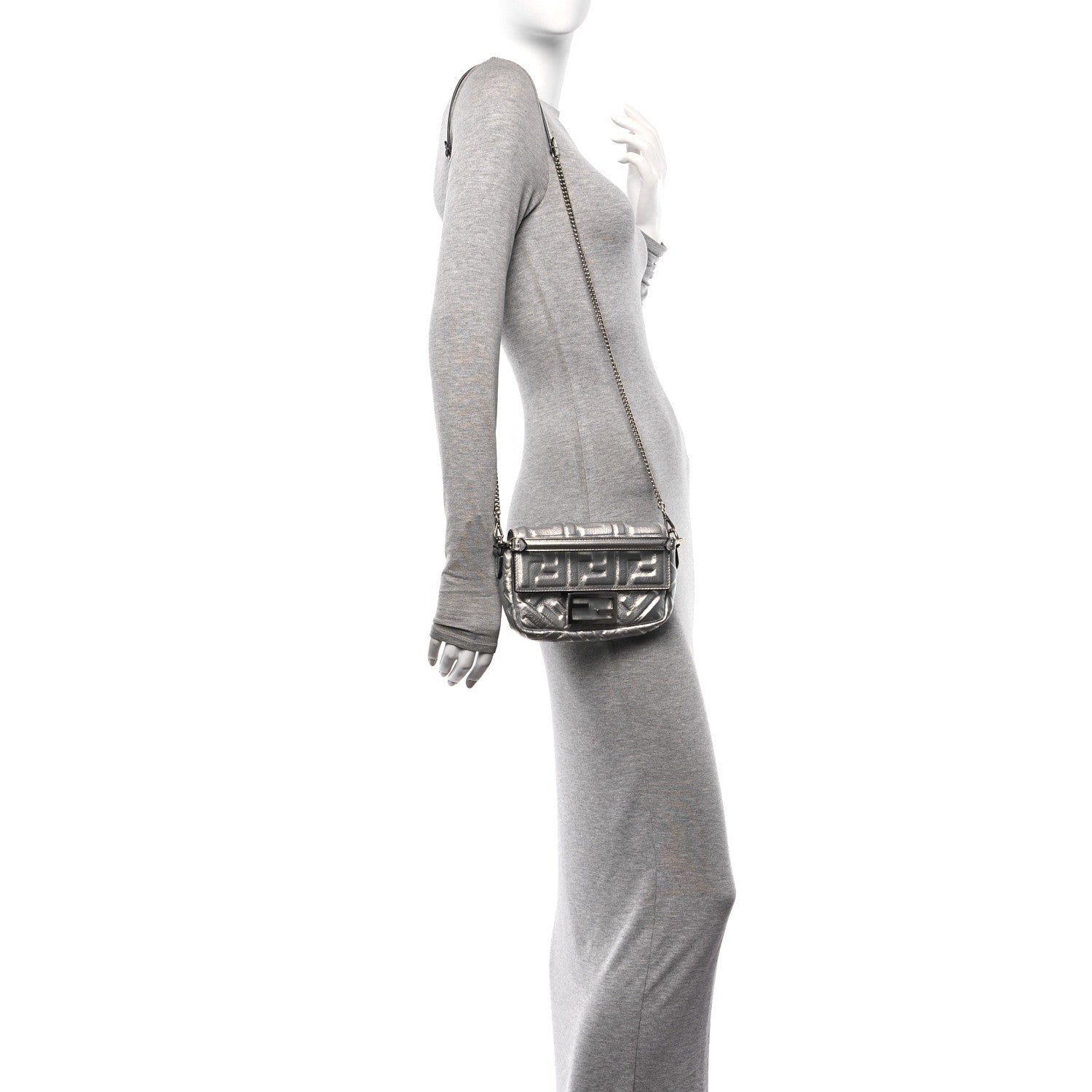 Fendi Vitello Catalan Mirror FF 1974 Embossed Mini Baguette Argento 2 of 11