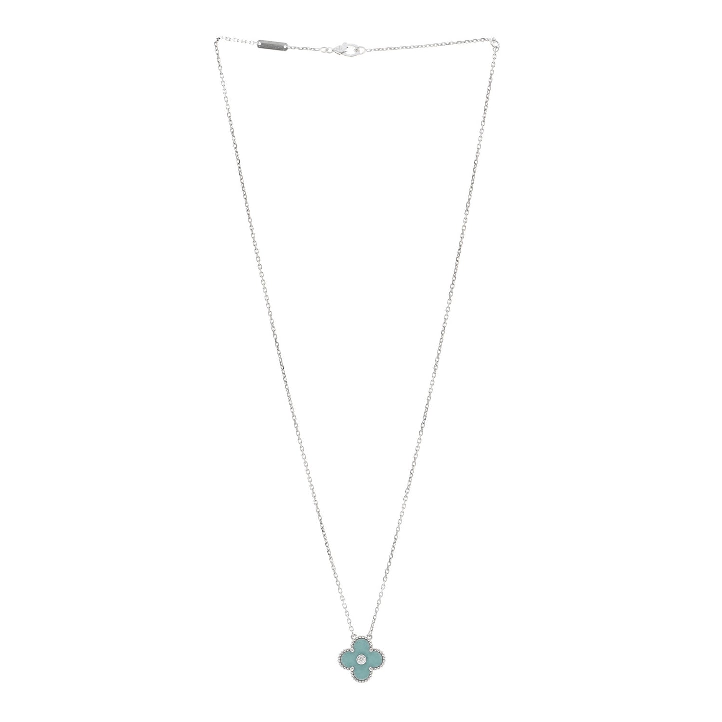 18K White Gold Diamond Celadon Green Sevres Porcelain Vintage Alhambra Pendant Necklace