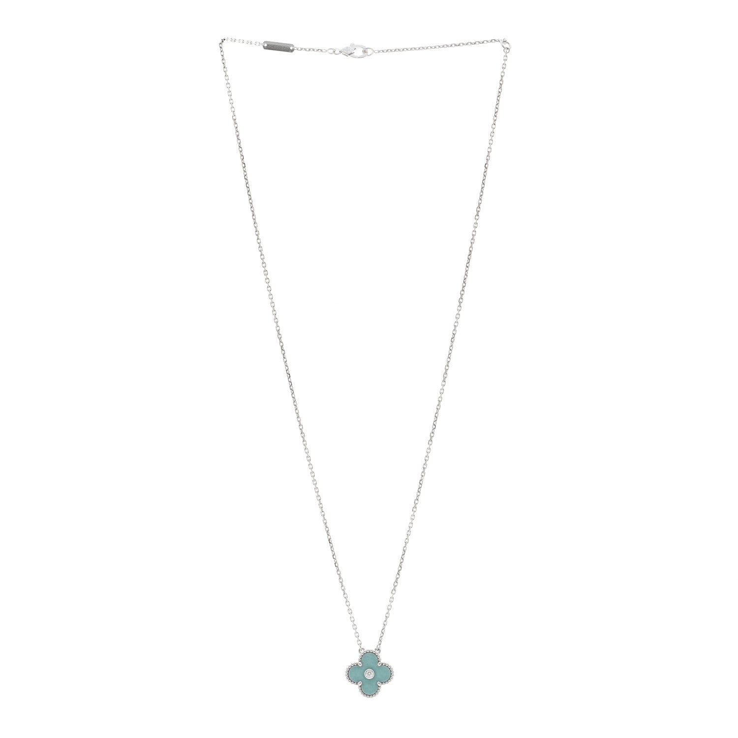 Van Cleef & Arpels 18K White Gold Diamond Celadon Green Sevres Porcelain Vintage Alhambra Pendant Necklace 3 of 5