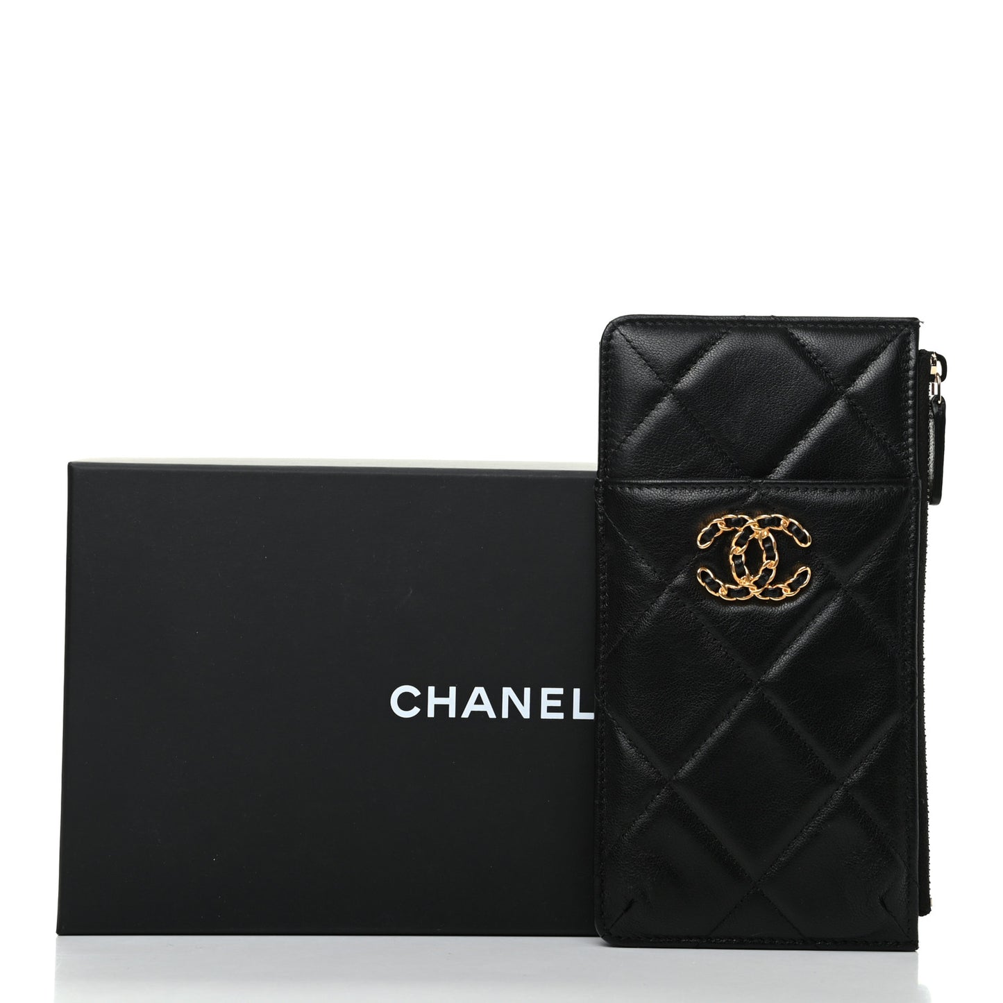 Goatskin Quilted Chanel 19 Phone and Card Holder Black