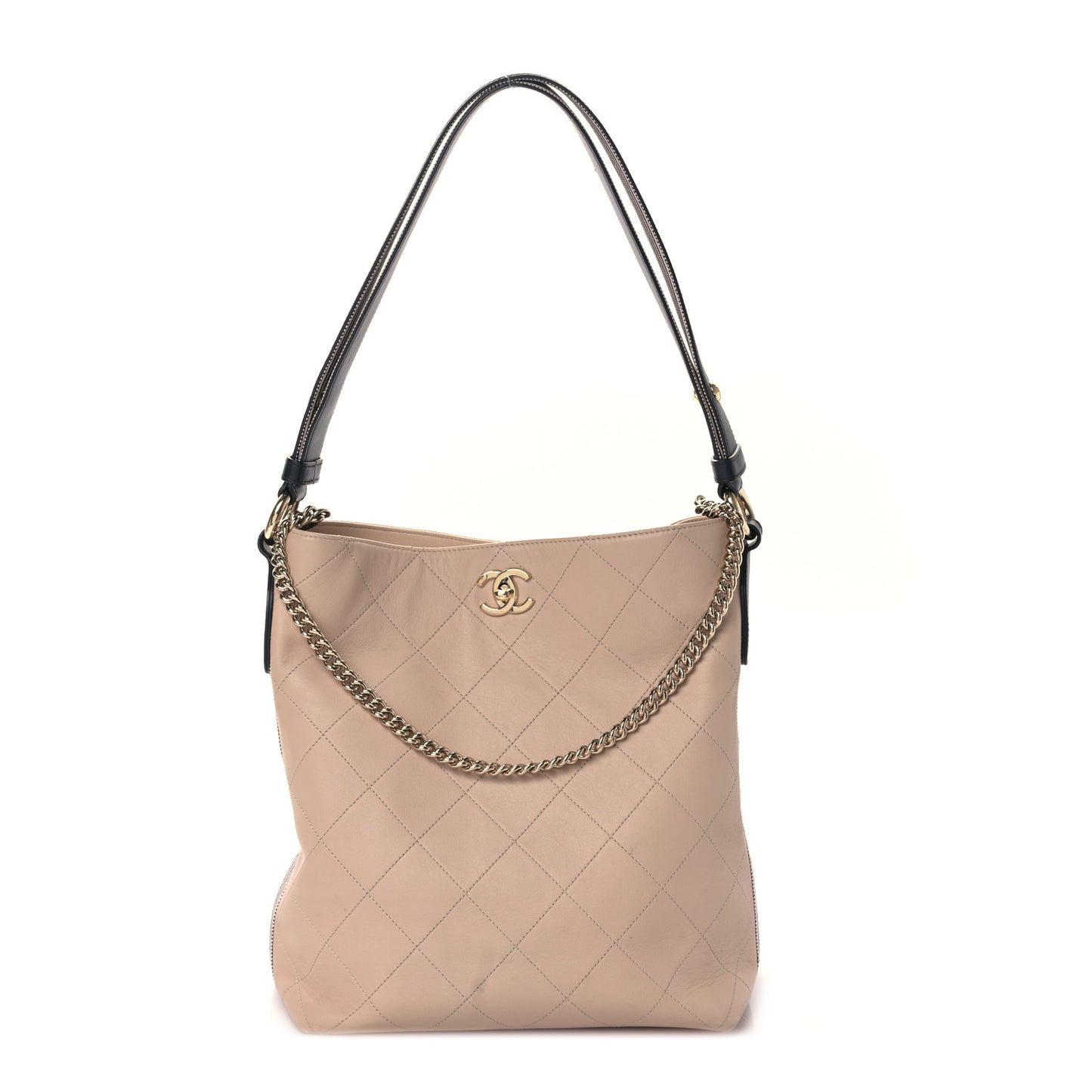 Calfskin Stitched Large Stripe Hobo Beige Black