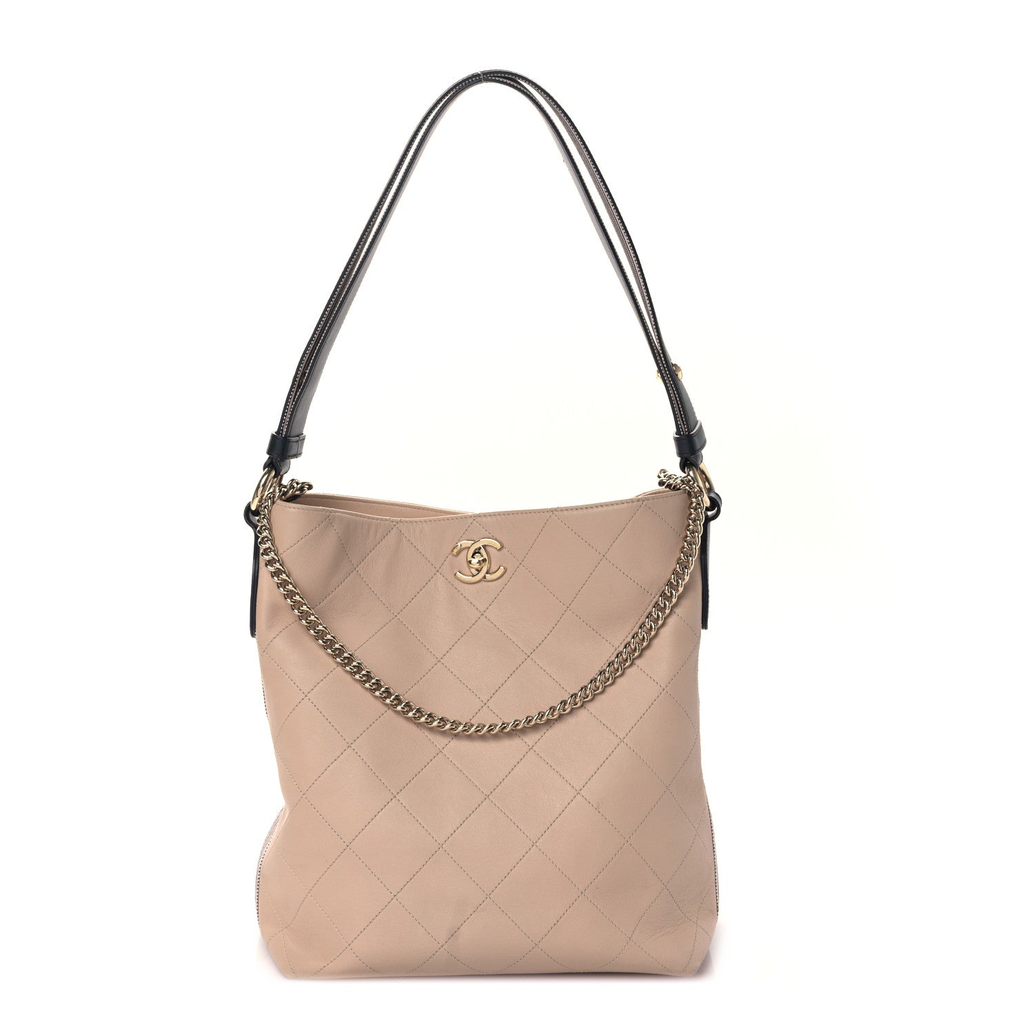 Chanel Calfskin Stitched Large Stripe Hobo Beige Black 1 of 9